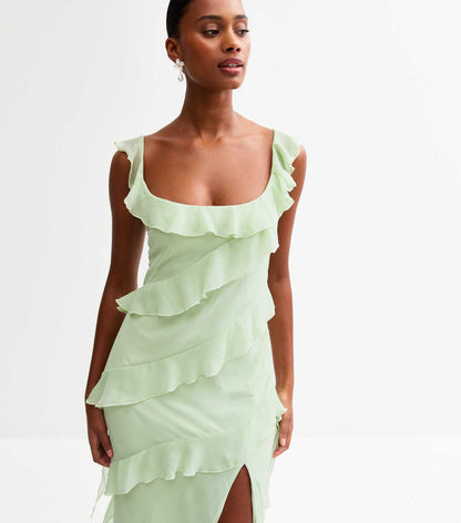 Light Green Asymmetric Ruffled Slit Hem Chiffon Midi Dress