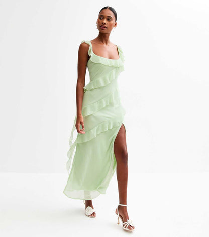 Light Green Asymmetric Ruffled Slit Hem Chiffon Midi Dress