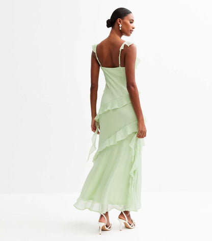 Light Green Asymmetric Ruffled Slit Hem Chiffon Midi Dress
