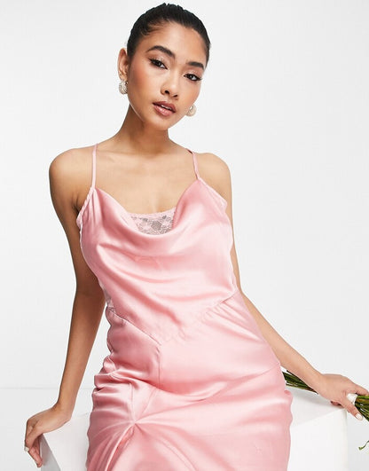 Satin Slip Dress With Ruffle Detail In Soft Rose Pink