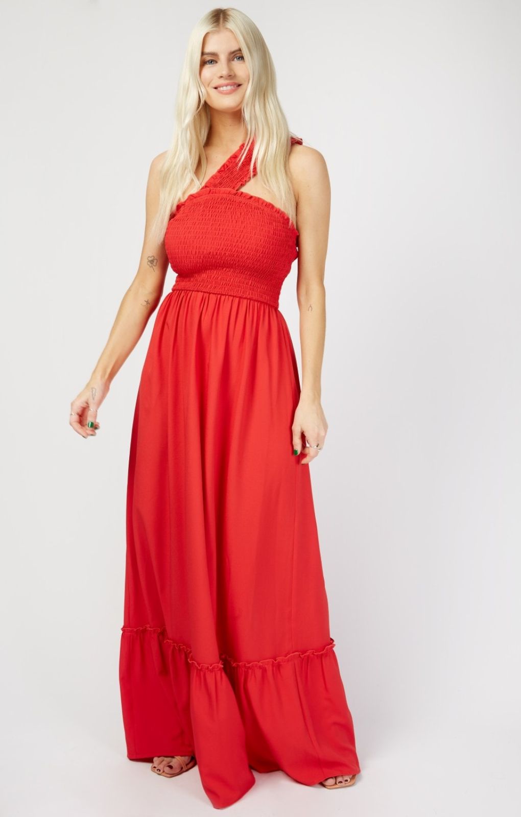 Red Shirred One-Shoulder Maxi Dress