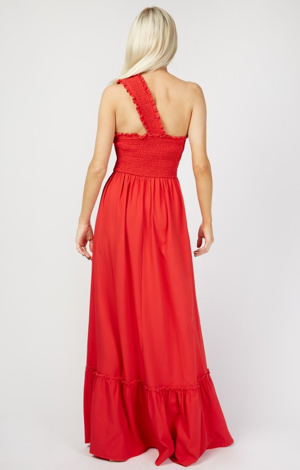 Red Shirred One-Shoulder Maxi Dress
