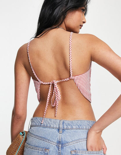 Strappy Open Back Crop Top in Red Gingham