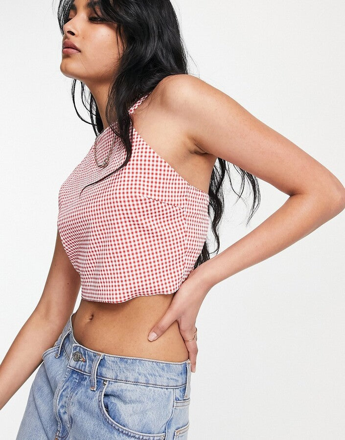 Strappy Open Back Crop Top in Red Gingham