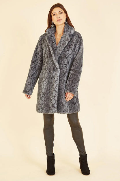 Grey Snakeskin Print Faux Fur Coat