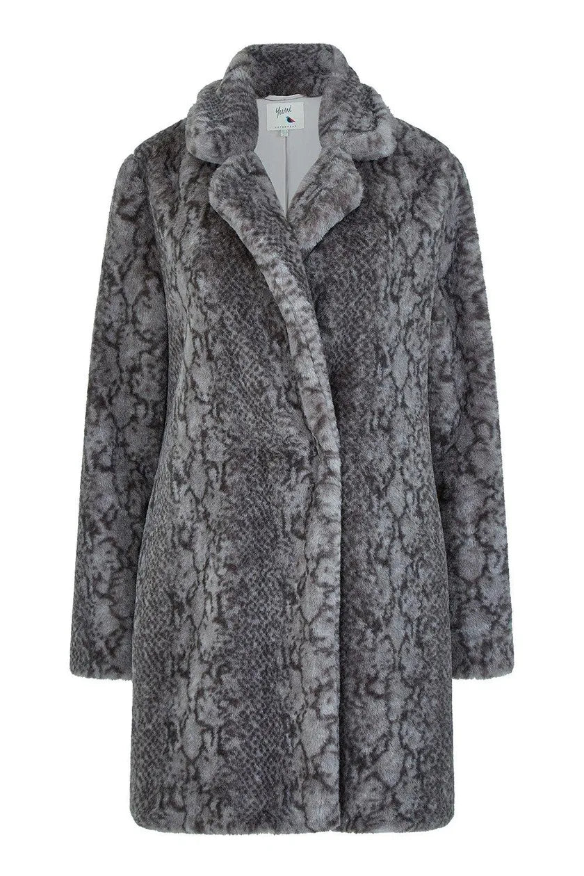 Grey Snakeskin Print Faux Fur Coat