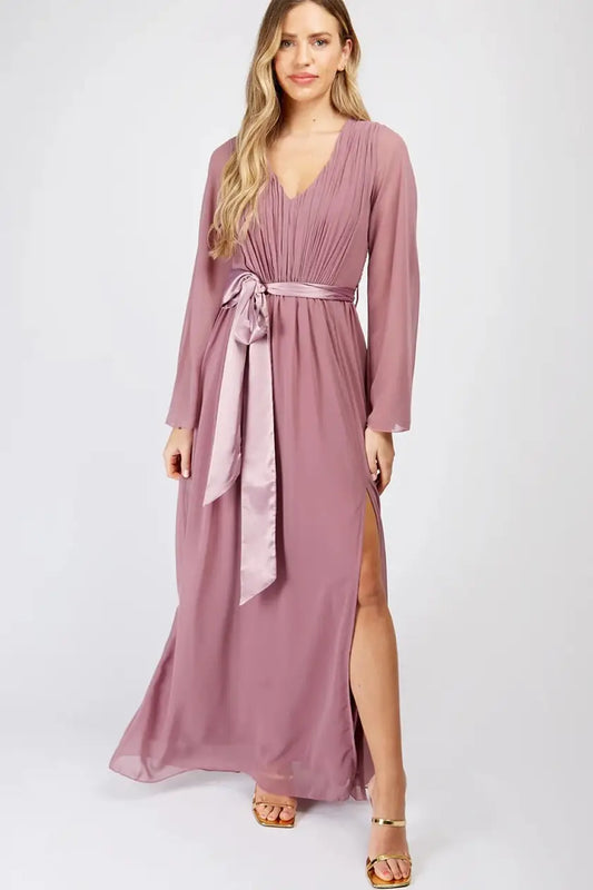 Mauve Plunge Tie Waist Maxi Dress