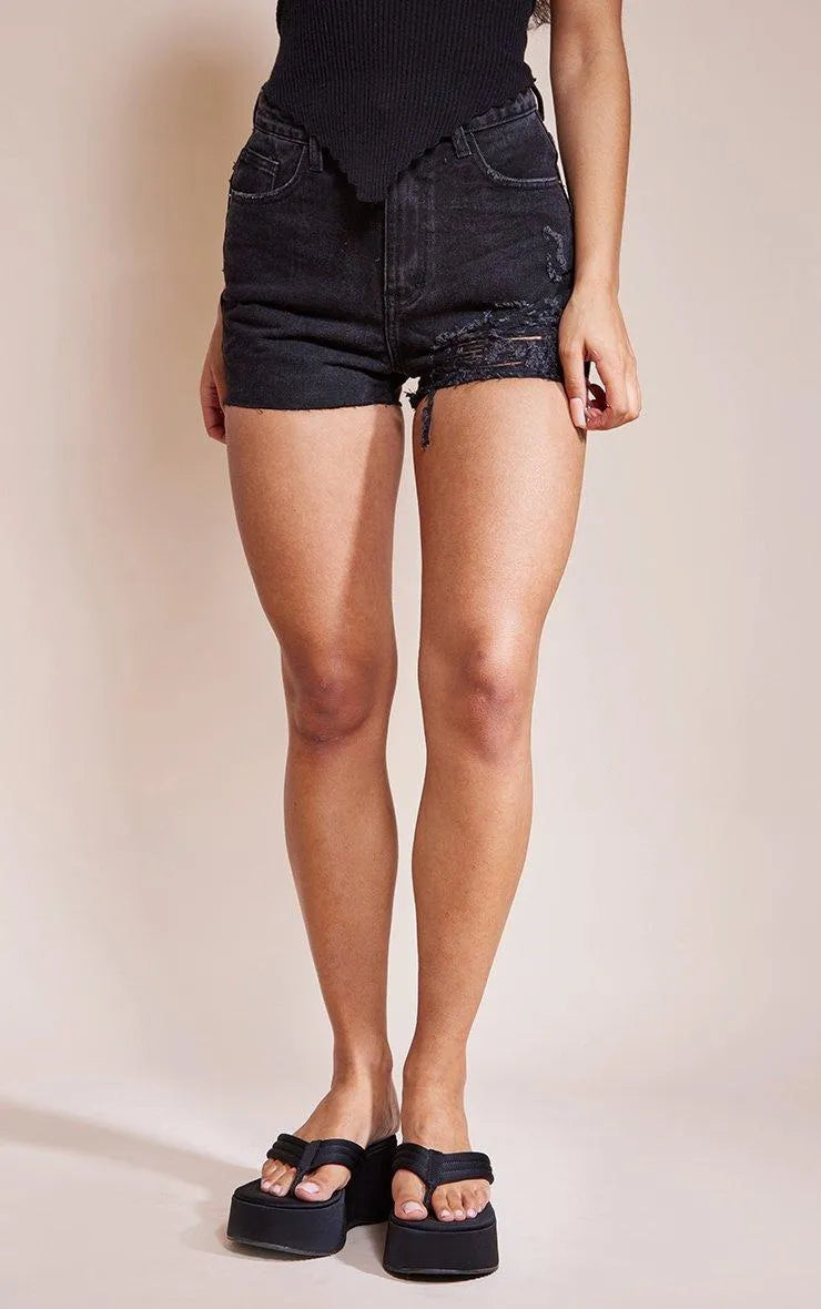 Washed Black Ripped Denim Mom Shorts