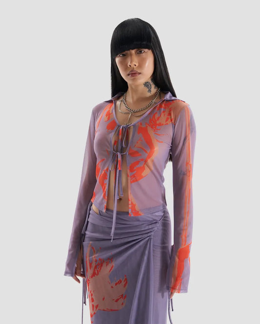 Modern Co-Ord Printed Mesh Shirt with Tie Detail in Purple