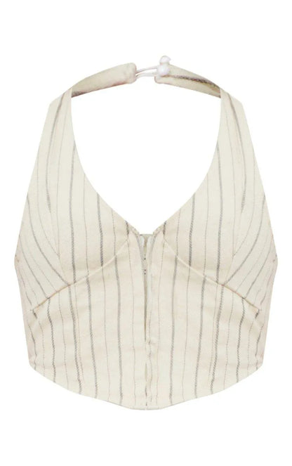 Cream Pinstripe Denim Halterneck Top