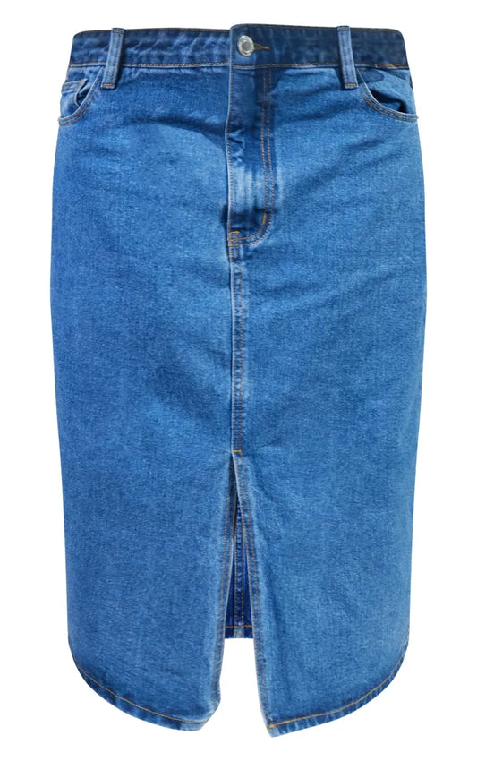 Mid Blue Wash Split Front Denim Midi Skirt