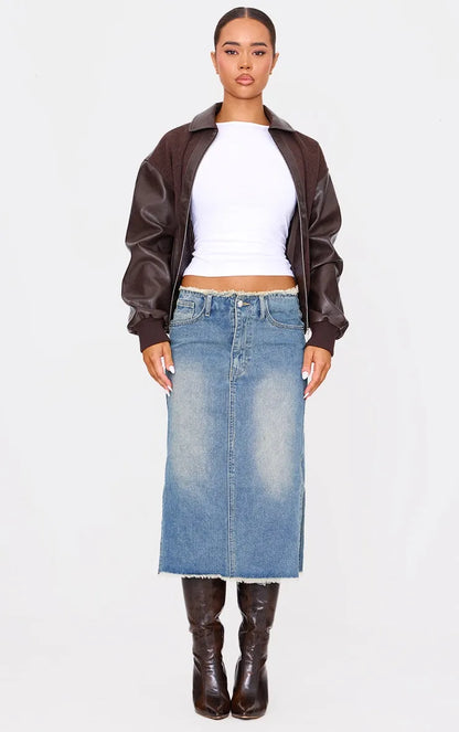 Vintage Wash Side Split Raw Hem Denim Midi Skirt