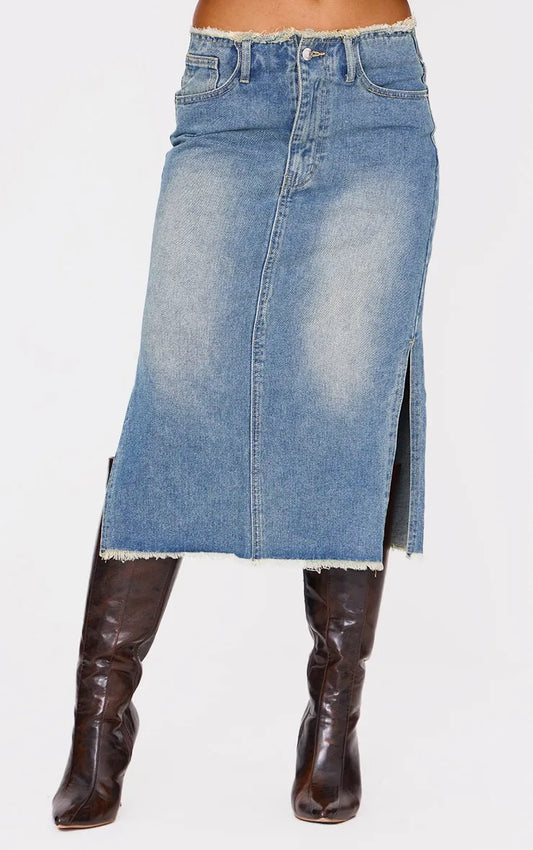 Vintage Wash Side Split Raw Hem Denim Midi Skirt