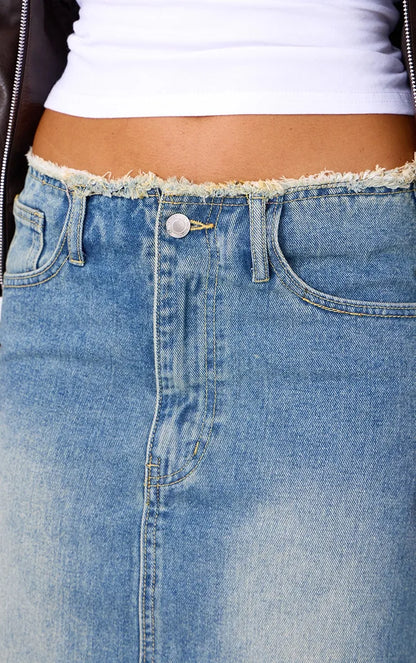 Vintage Wash Side Split Raw Hem Denim Midi Skirt