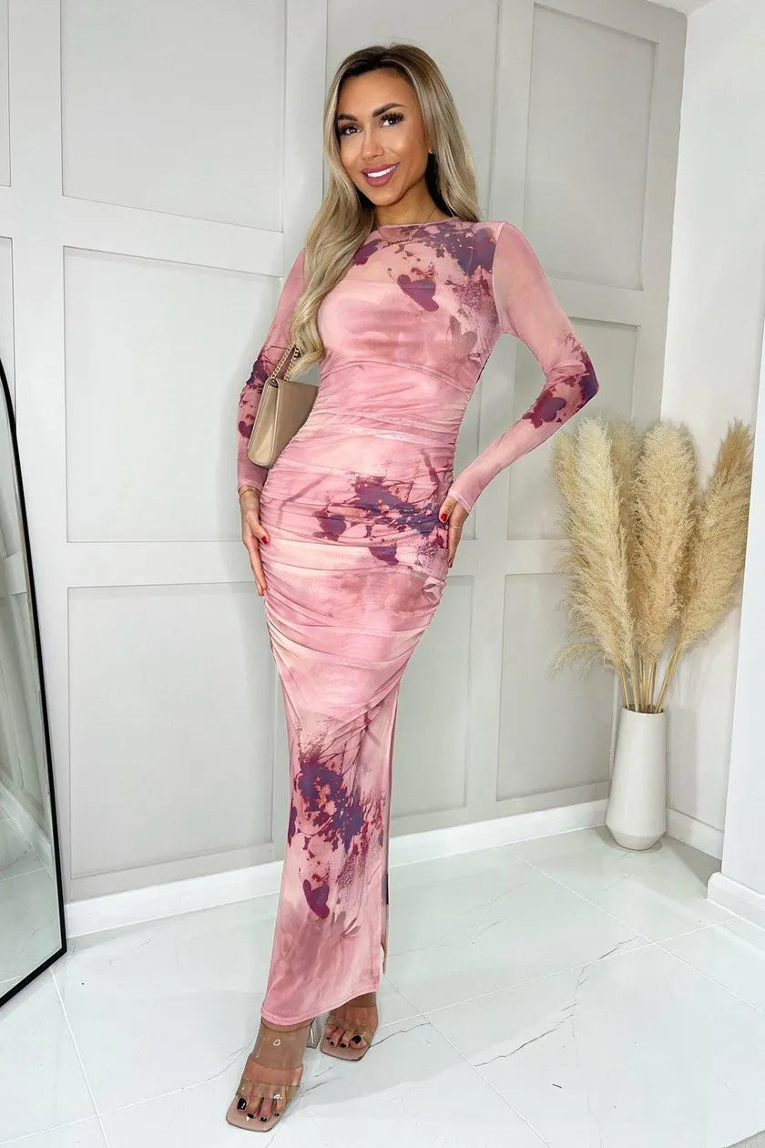 Blush Mesh Overlay Long Sleeve Bodycon Midi Dress