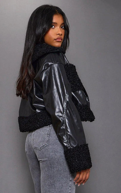 Black Borg Pocket Front Faux Leather Cropped Coat