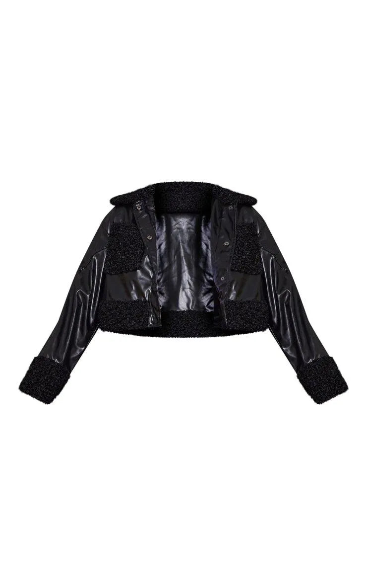 Black Borg Pocket Front Faux Leather Cropped Coat