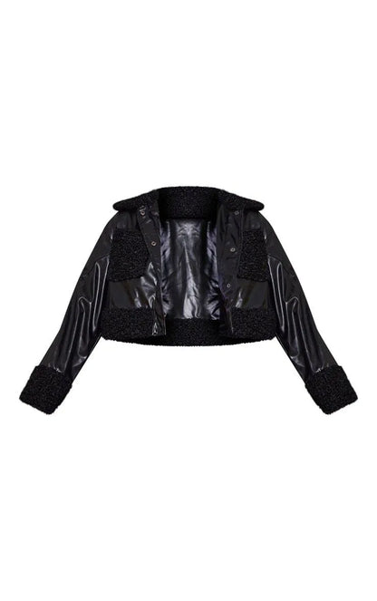 Black Borg Pocket Front Faux Leather Cropped Coat