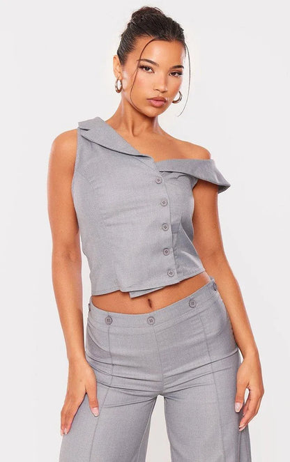 Light Grey Woven Asymmetric Button Up Tailored Top