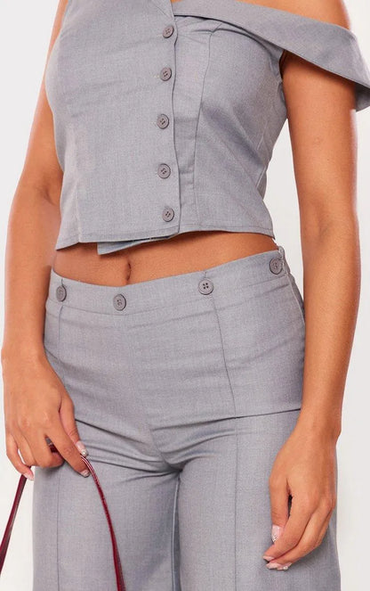 Light Grey Woven Asymmetric Button Up Tailored Top