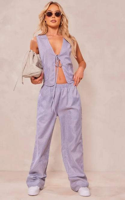 Light Grey Pinstripe Linen Look Tie Front Waistcoat and Wide Leg Trouser Set