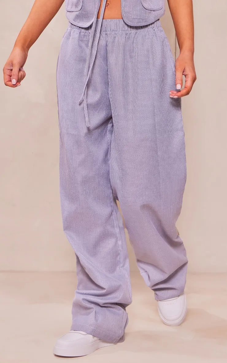 Light Grey Pinstripe Linen Look Tie Front Waistcoat and Wide Leg Trouser Set