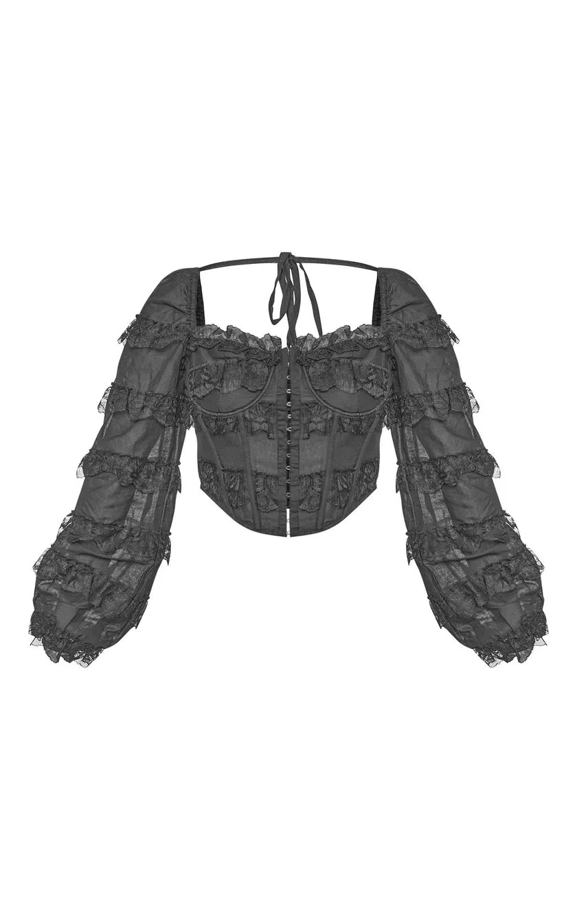 Black Textured Woven Lace Frill Corset Top