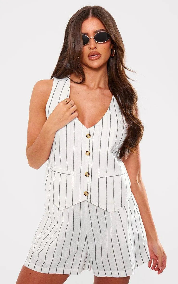 White Linen Look Striped Tailored Longline Waistcoat and Shorts Set