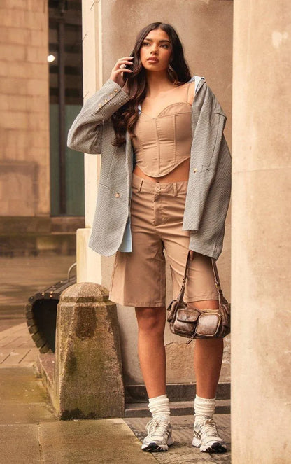 Taupe Woven Spaghetti Strap Sweetheart Corset and Longline Short Set
