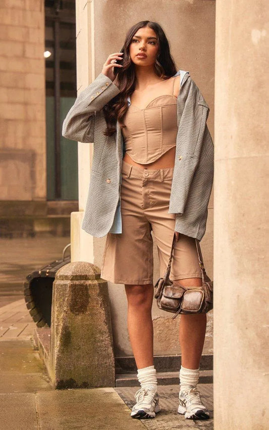 Taupe Woven Spaghetti Strap Sweetheart Corset and Longline Short Set