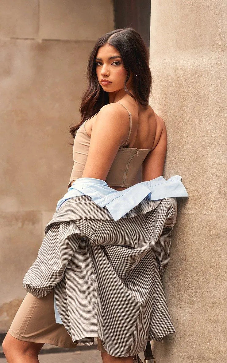 Taupe Woven Spaghetti Strap Sweetheart Corset and Longline Short Set