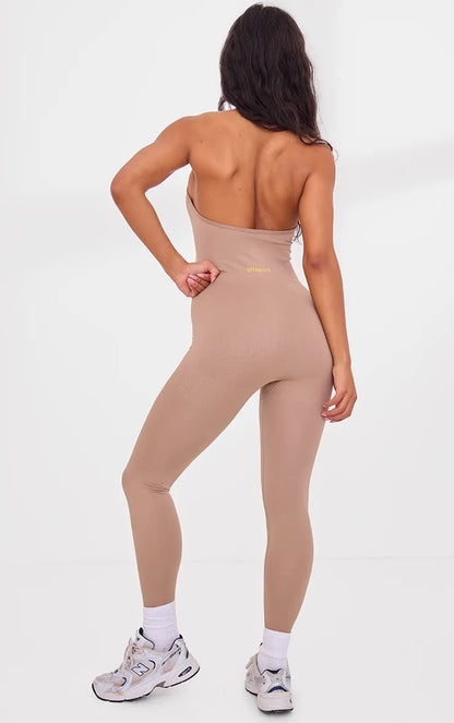 PLT SPORT Light Mocha Seamless Ruched Side Halterneck Unitard