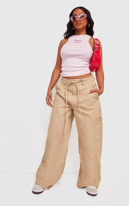 Taupe Tie Waistband Detail Wide Leg Jeans