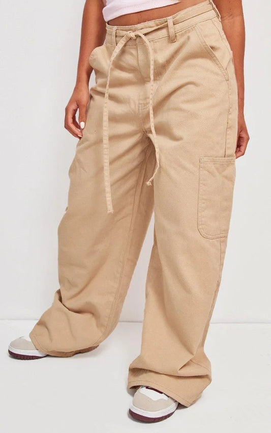 Taupe Tie Waistband Detail Wide Leg Jeans