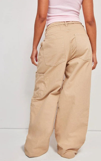 Taupe Tie Waistband Detail Wide Leg Jeans