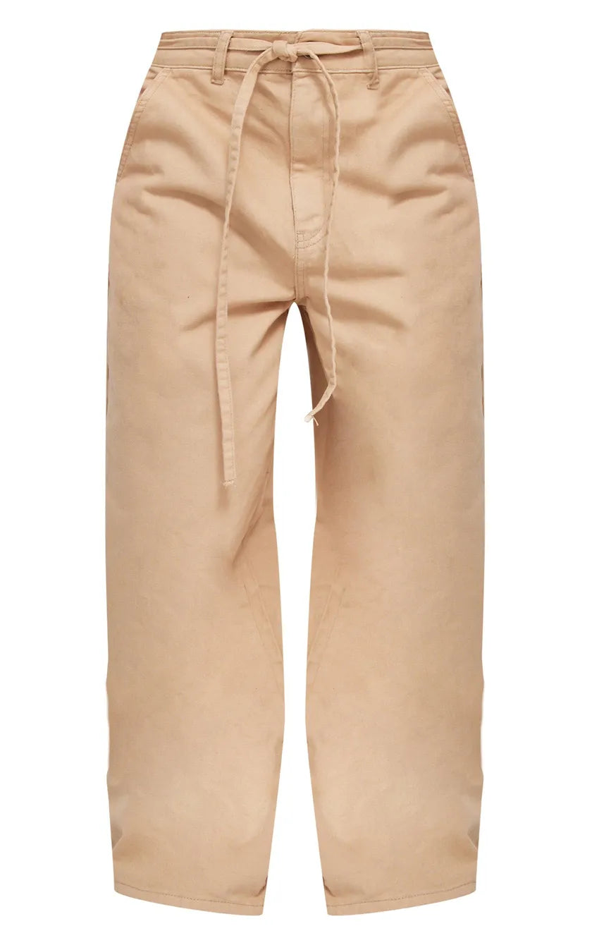 Taupe Tie Waistband Detail Wide Leg Jeans