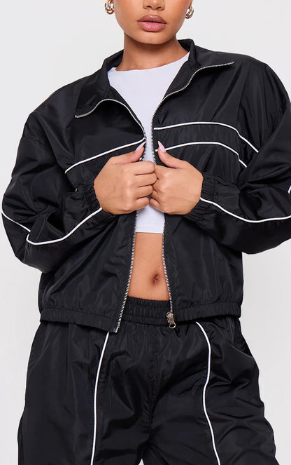 Petite Black Contrast Piping Shell Track Jacket and Trouser Set