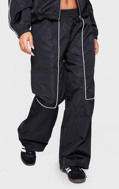 Petite Black Contrast Piping Shell Track Jacket and Trouser Set