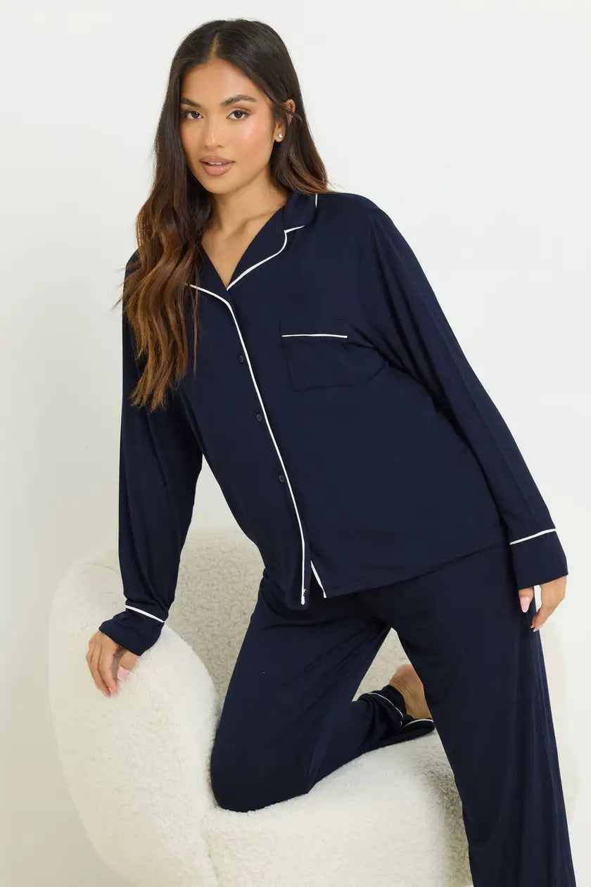 Navy Blue Piped Pjamas Set