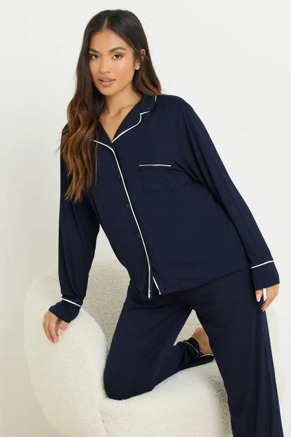 Navy Blue Piped Pjamas Set