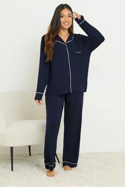 Navy Blue Piped Pjamas Set