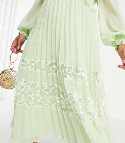 Tall Plunge Pleated Midi Dress with Lace Insert hem in Sage Green