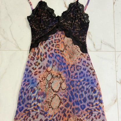 Lace Overlay Mesh Mini Dress In Animal Print