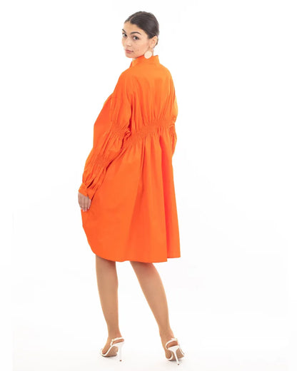 Asymmetry with Elasticated design cotton blend shirt dress Orange