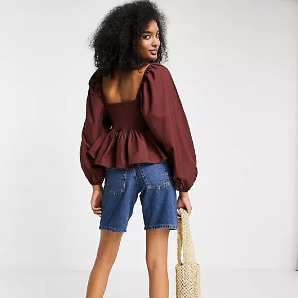 V-Neck Crochet Top With Frill Sleeve And Peplum In Chocolate