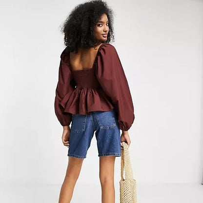 V-Neck Crochet Top With Frill Sleeve And Peplum In Chocolate