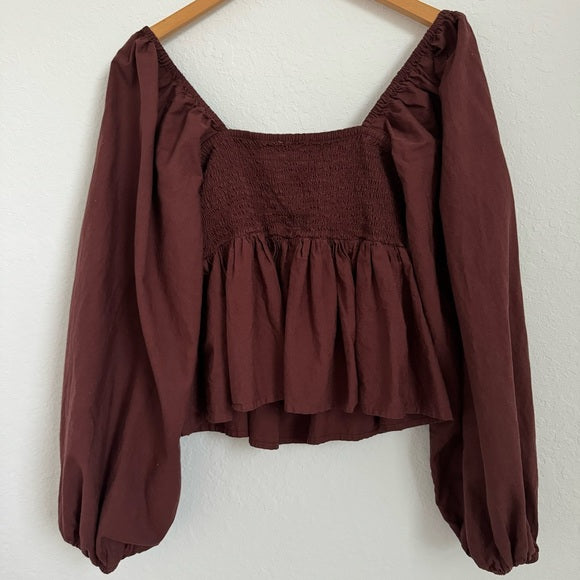 V-Neck Crochet Top With Frill Sleeve And Peplum In Chocolate