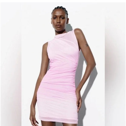 Draped Tulle Dress Sheer Mesh Sleeveless Asymmetrical Ombre Pink