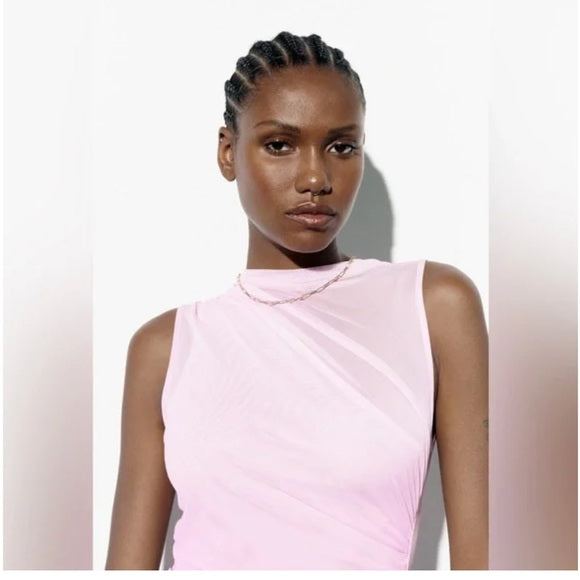 Draped Tulle Dress Sheer Mesh Sleeveless Asymmetrical Ombre Pink