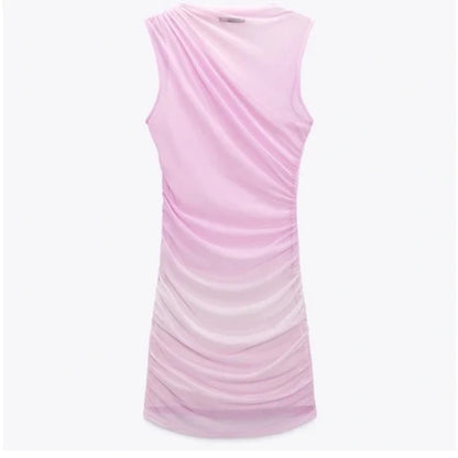 Draped Tulle Dress Sheer Mesh Sleeveless Asymmetrical Ombre Pink